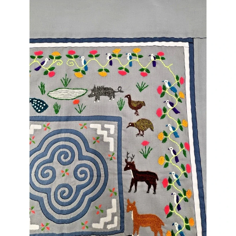 Vintage Hmong Hand Embroidered Story Cloth Tapestry Matching Set of 2 17.5x17.5